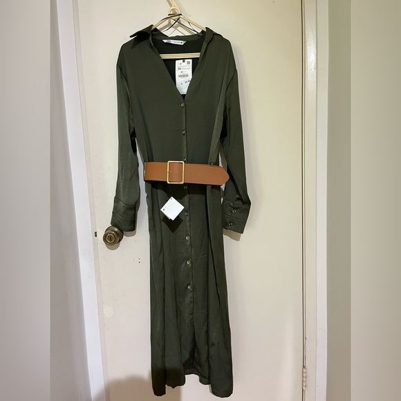 NEW Zara Belted Satin Shirt Dress XS Olive Green With Tag - Picture 2 of 6